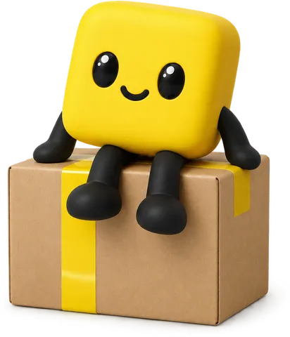 Chitty, the Pixel Caption mascot, sitting on a parcel ready to ship